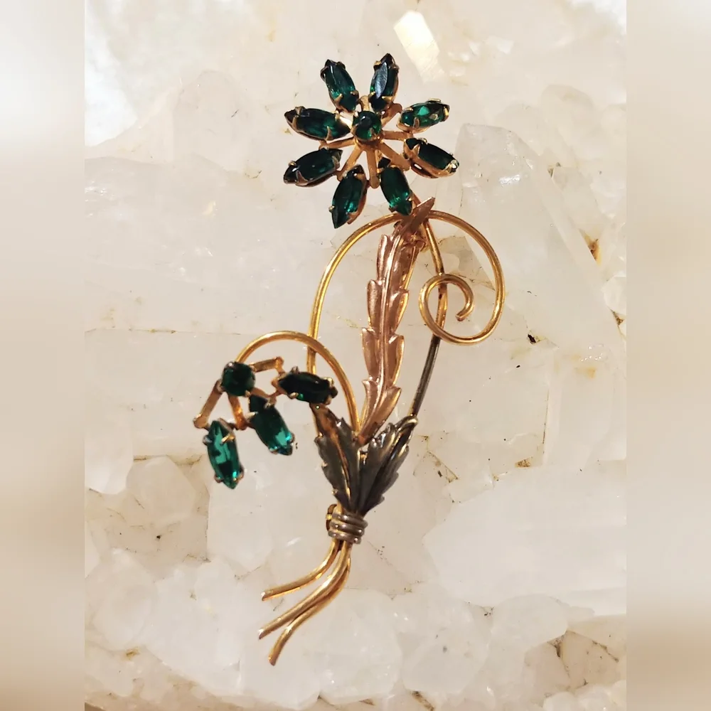 Vintage 1930s I. Michelson 12K GF Green Glass Stone Flower Pin Brooch
